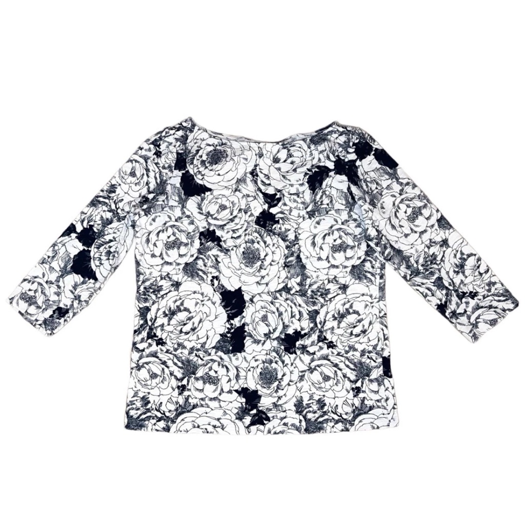 Lands’ End Floral Rose Print 3/4 Sleeves 100% Cotton Tee Top Sz S
